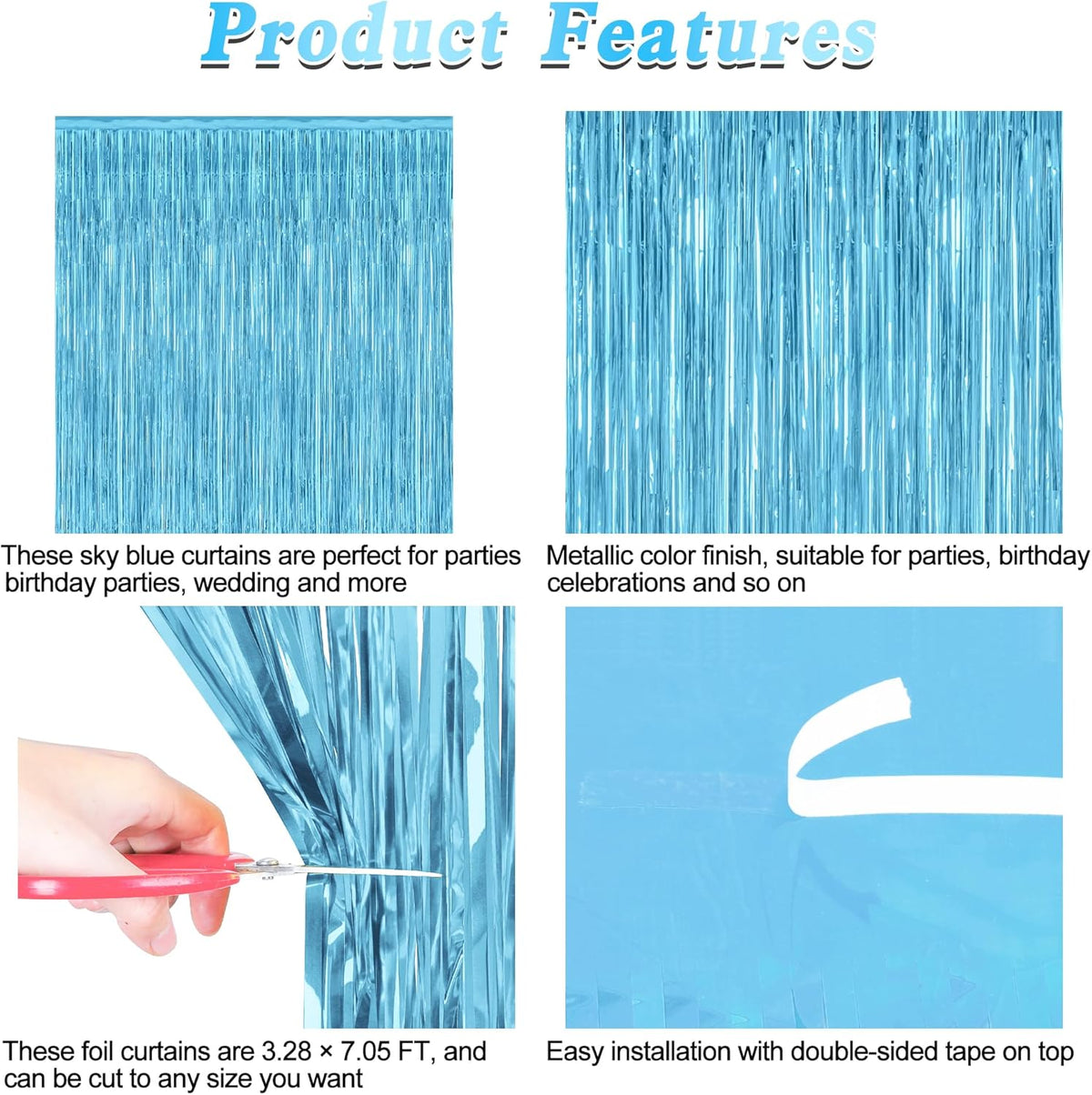 12 Pack Party Decorations, 3.28 FT x 7.05 FT Sky Blue Curtains, Metallic Party Streamers Photo