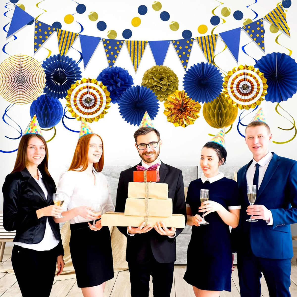 Blue Gold Party Decorations Paper Fans, Graduation Season Hanging Glitter Triangle Flags Banner