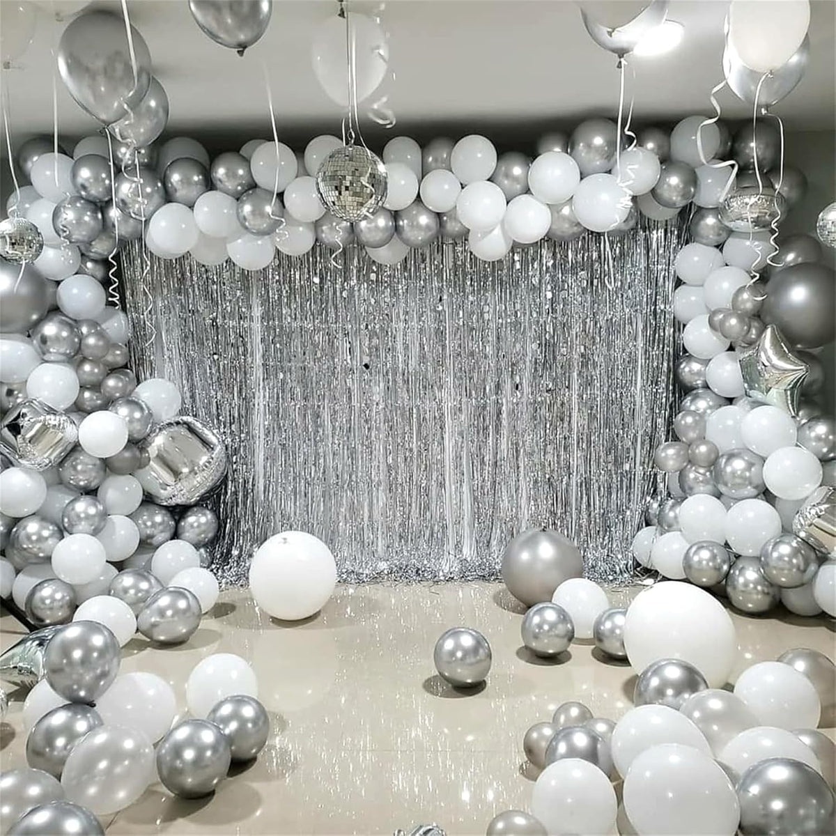 Silver and White Balloons, 12 Inch Metallic Silver White Latex Balloons Set Decor with Silver