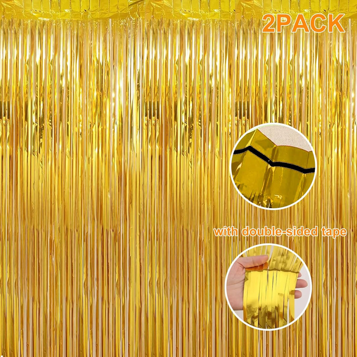 2 Pack 3.28 ft x 6.56 ft Golden Tinsel Curtain Party Backdrop Decorations, Metallic Foil Fringe
