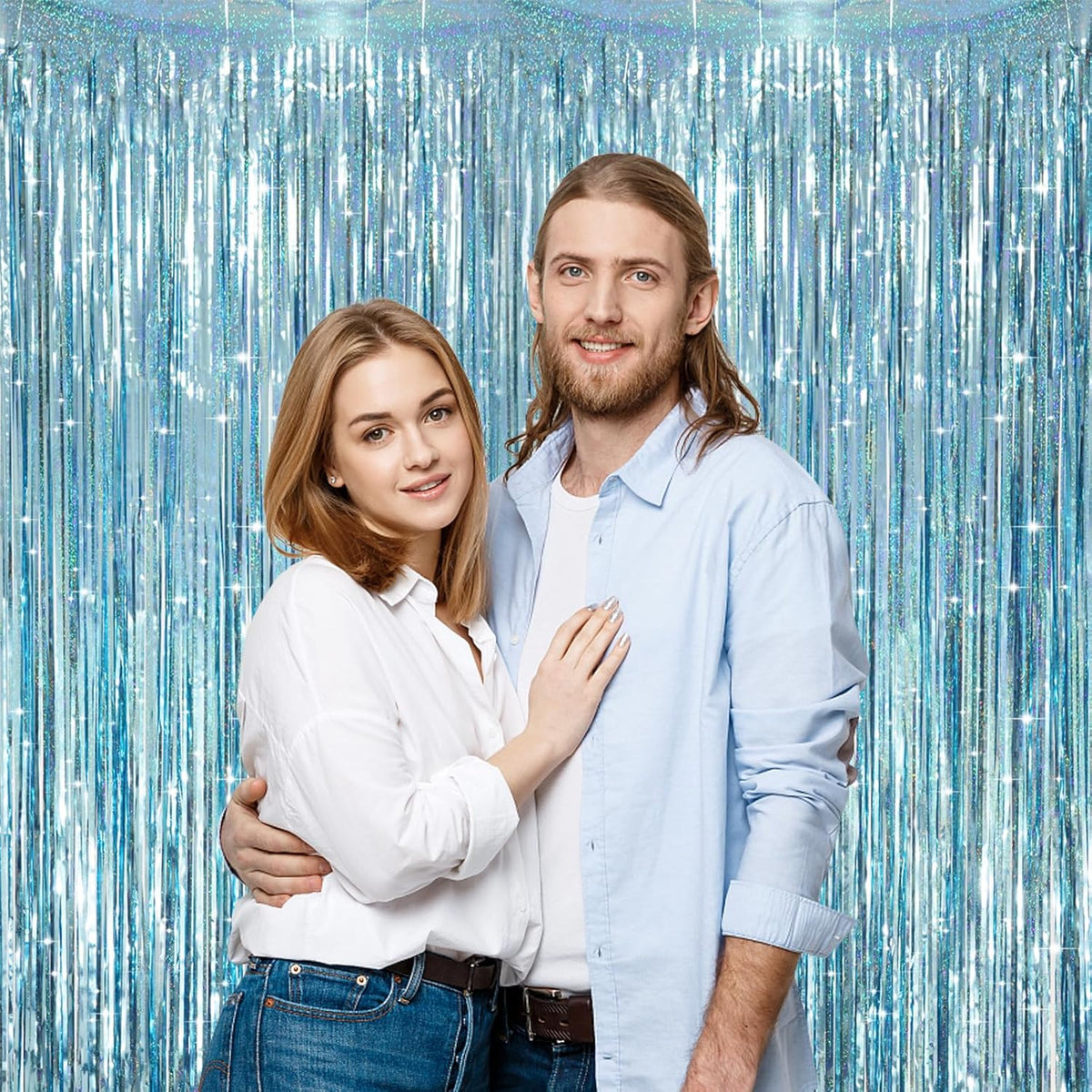 2 Pack Laser Light Blue Foil Fringe Curtains, Tinsel Streamers Birthday Party Decorations, Fringe