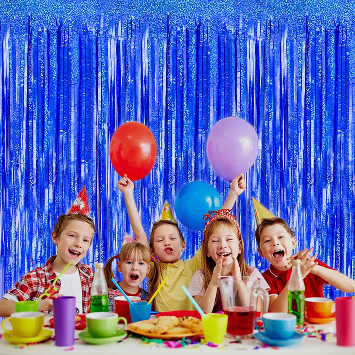 4 Pack Blue Tinsel Foil Fringe Curtain Backdrop, 3.28Ft x 8.2Ft Metallic Streamers for Photo Booth