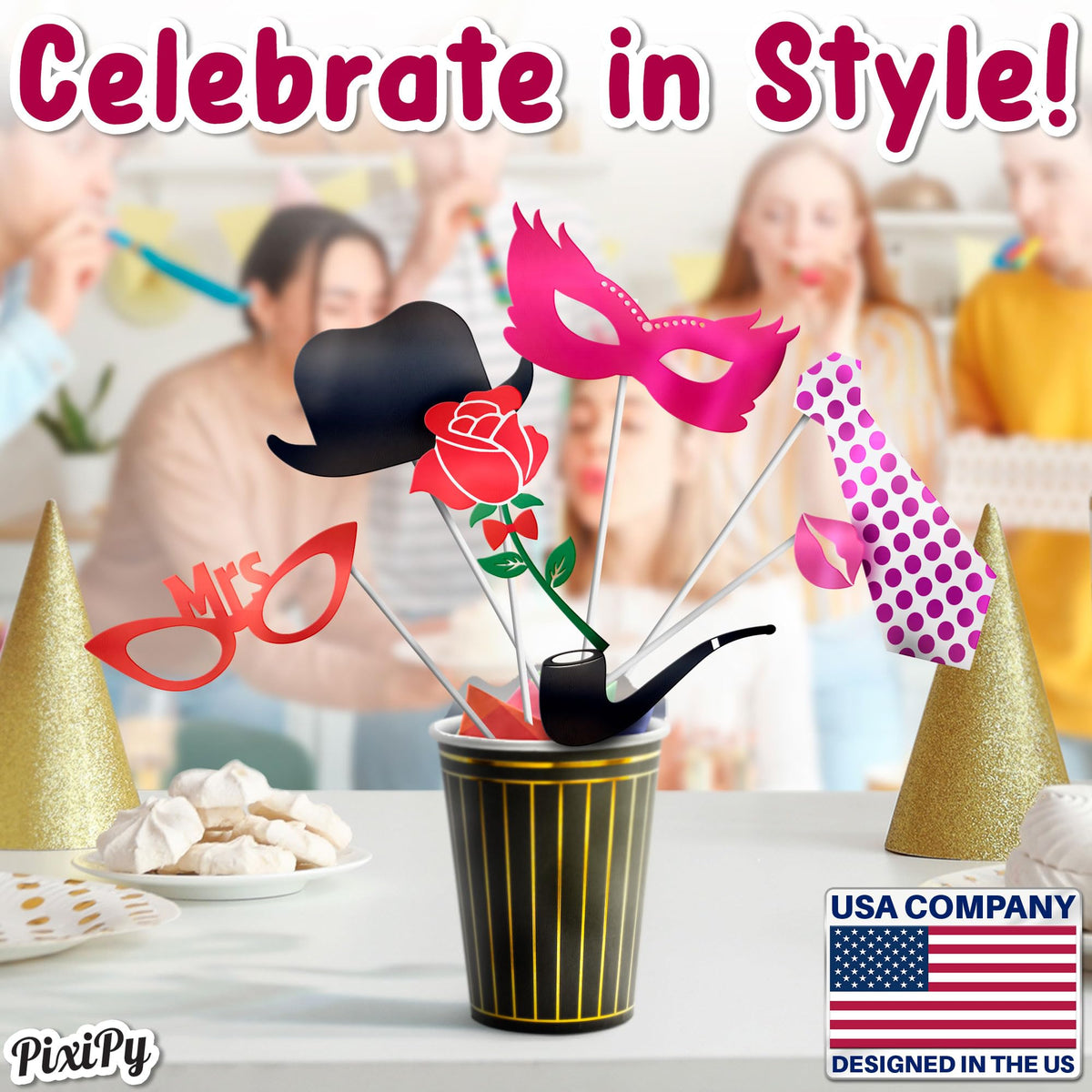 Photo Booth Props - 66 Piece Multicolor Kit - Fun Selfie Party Accessories - Mustaches, Hats, Lips