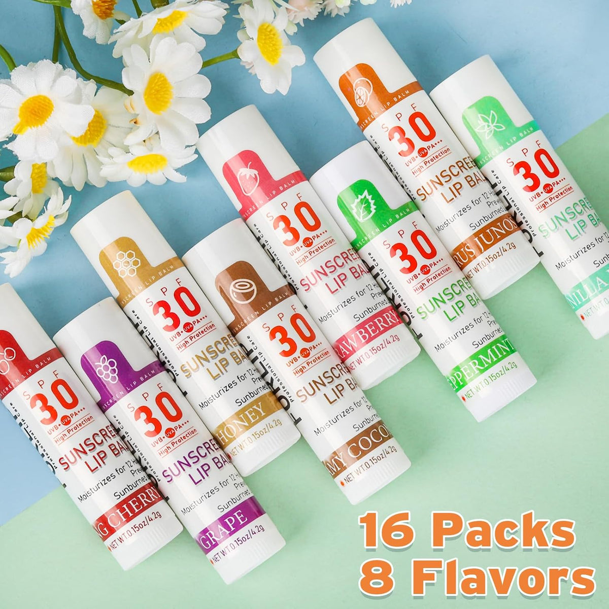 SPF 30 Lip Sunscreen, SPF Lip Balm Travel Size 16 Pack, Hydrating Lip Balm Bulk with Vitamin E and