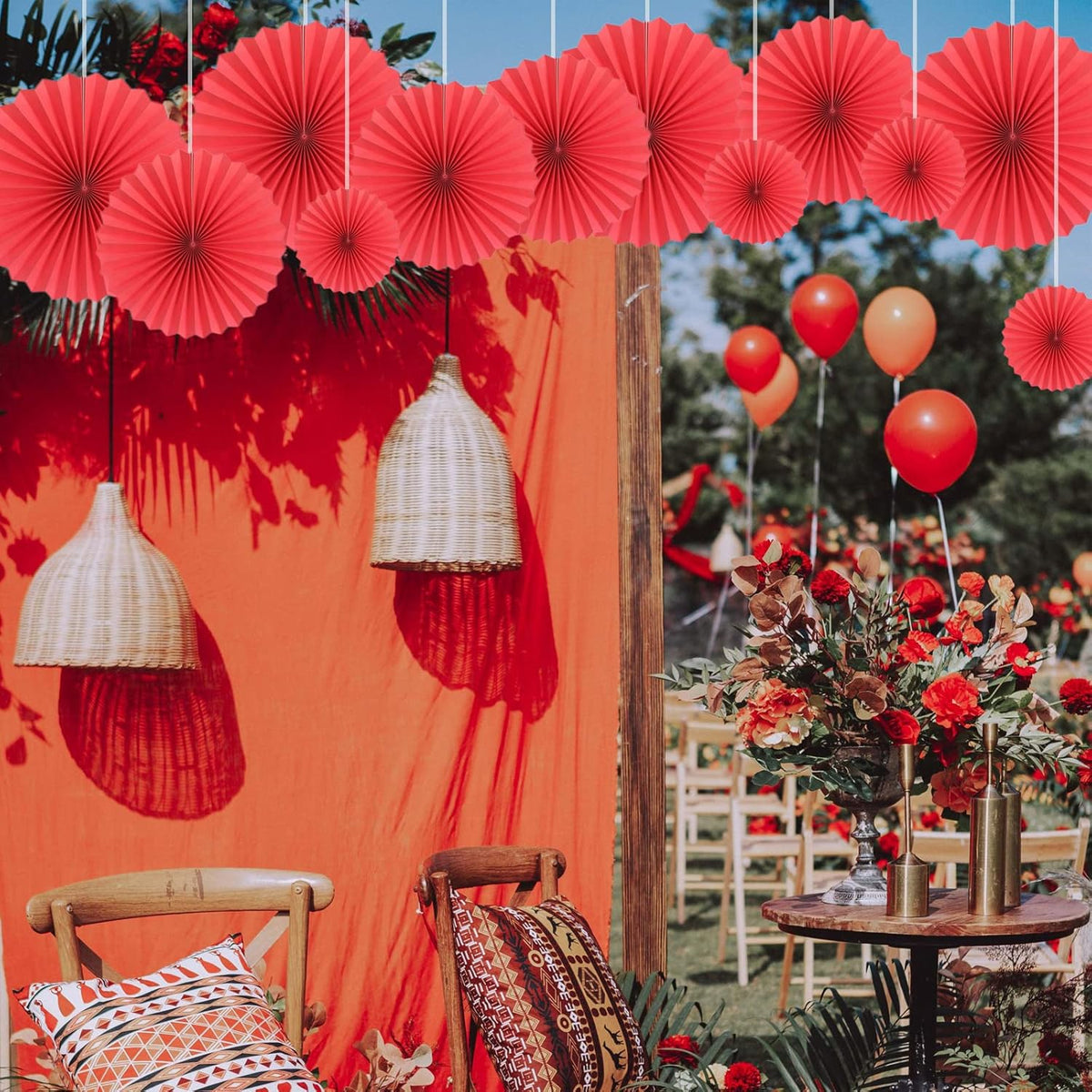 HQZ Red Party Hanging Fans DIY Set - 12pcs Pinwheels & Flowers for Weddings, Birthdays, Christmas;