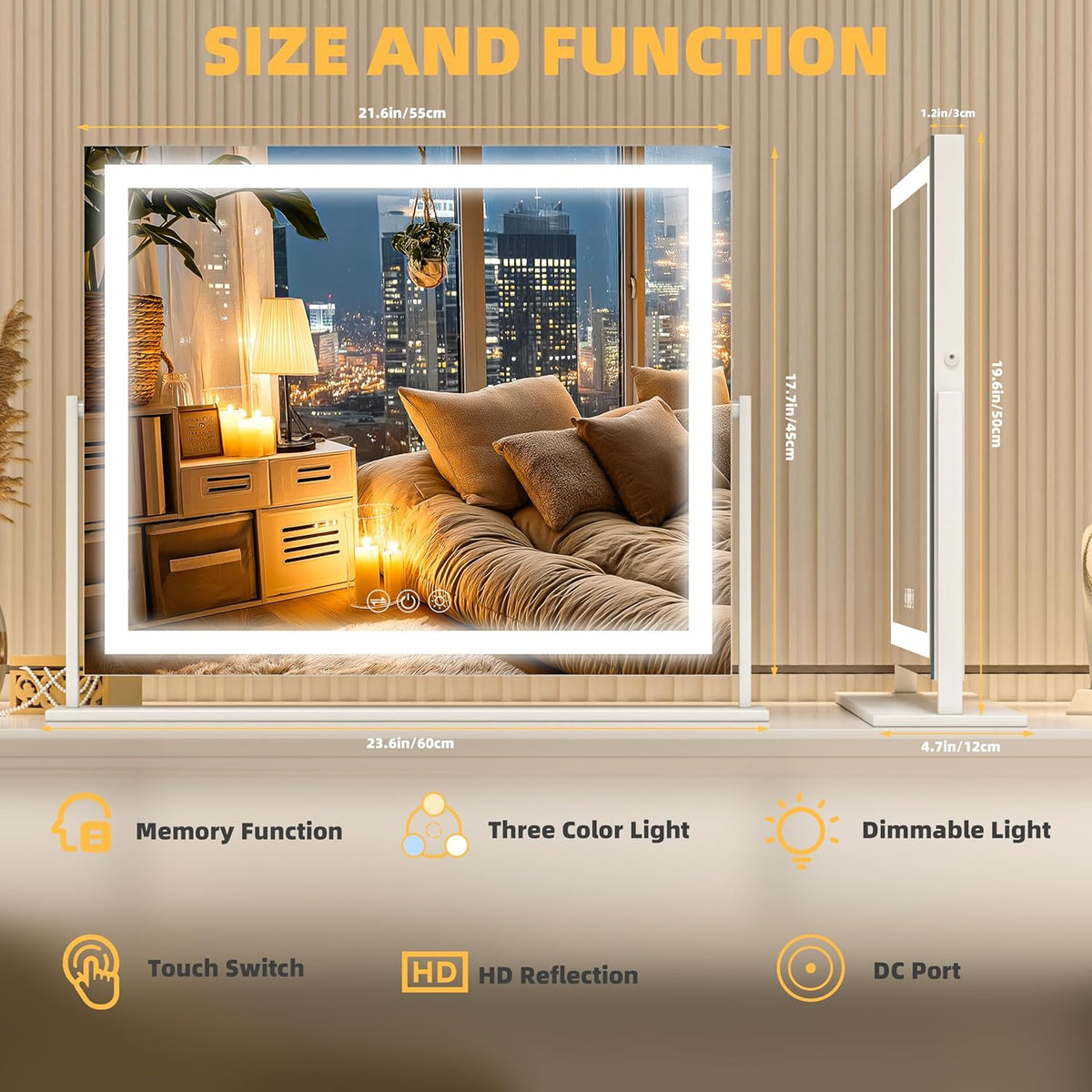 Vanity Mirror with Lights, 24'' x 20'' Lighted Makeup Mirror, Touch Screen with 3-Color Lighting