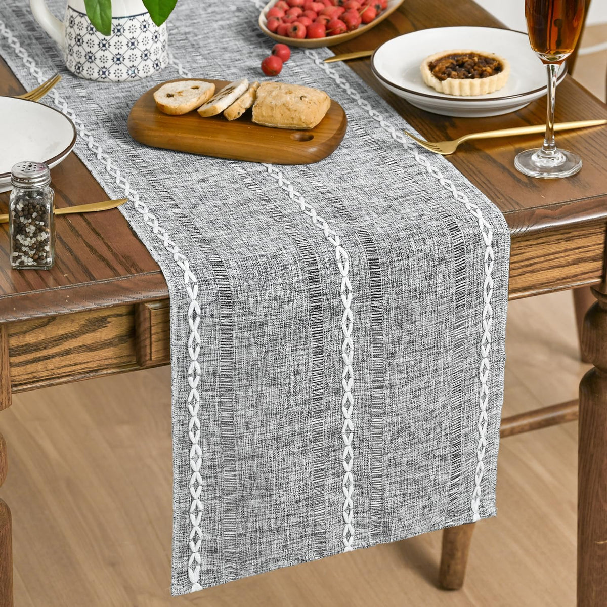 Artoid Mode Dark Grey Rustic Cotton Linen Table Runner, Seasonal Embroidered Hollow Kitchen Dining