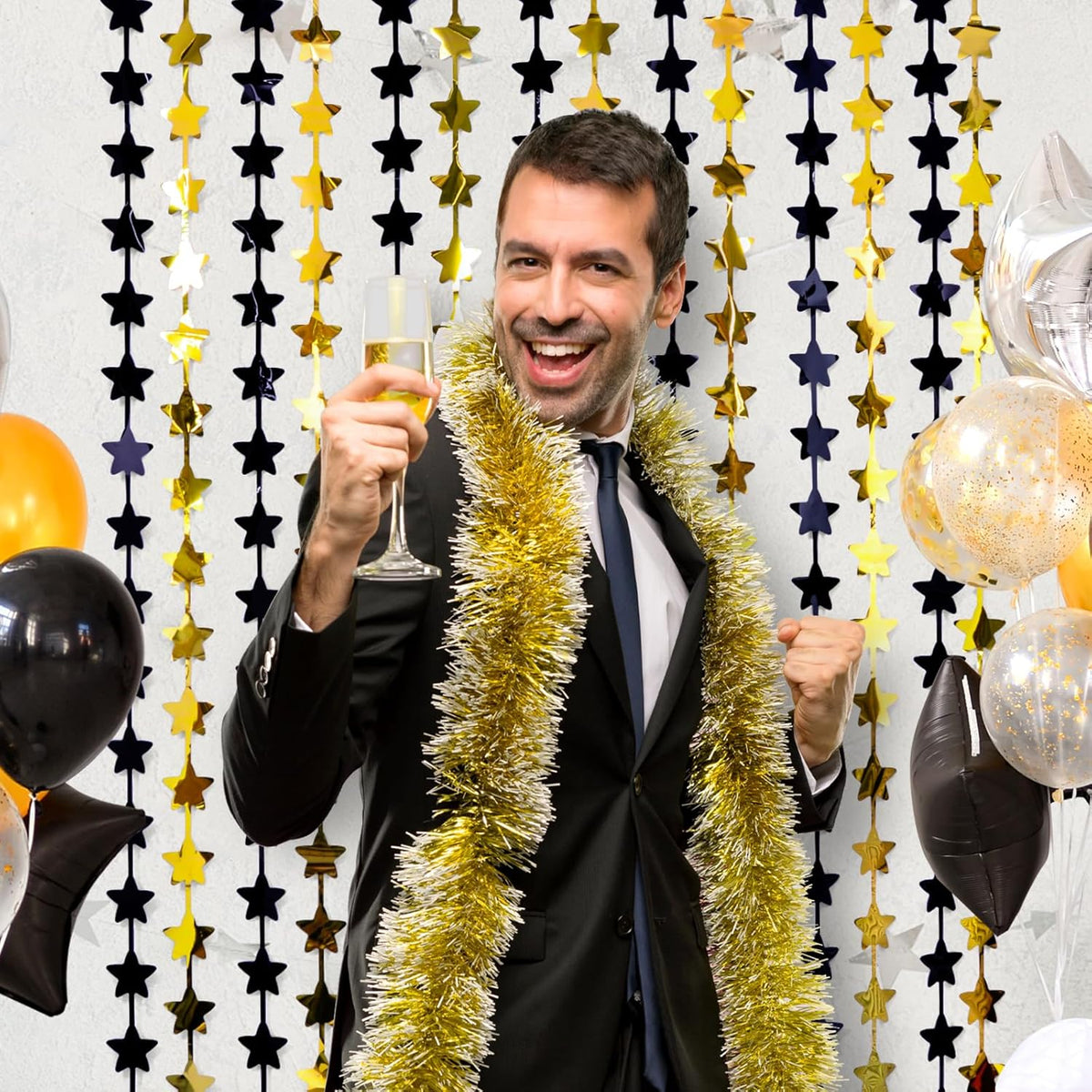 LOLStar Black and Gold Star Birthday Party Decorations 2Pack 3.3X6.6 ft Golden Photo Booth Props