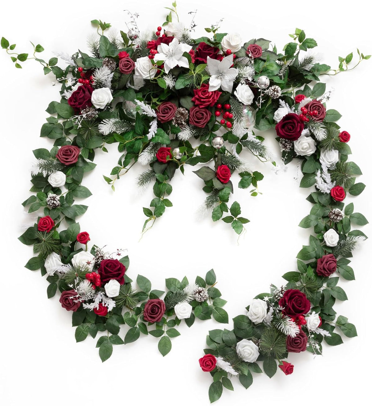 Ling's moment 9FT Eucalyptus and Willow Leaf Garland with White Flower, Handcrafted Wedding