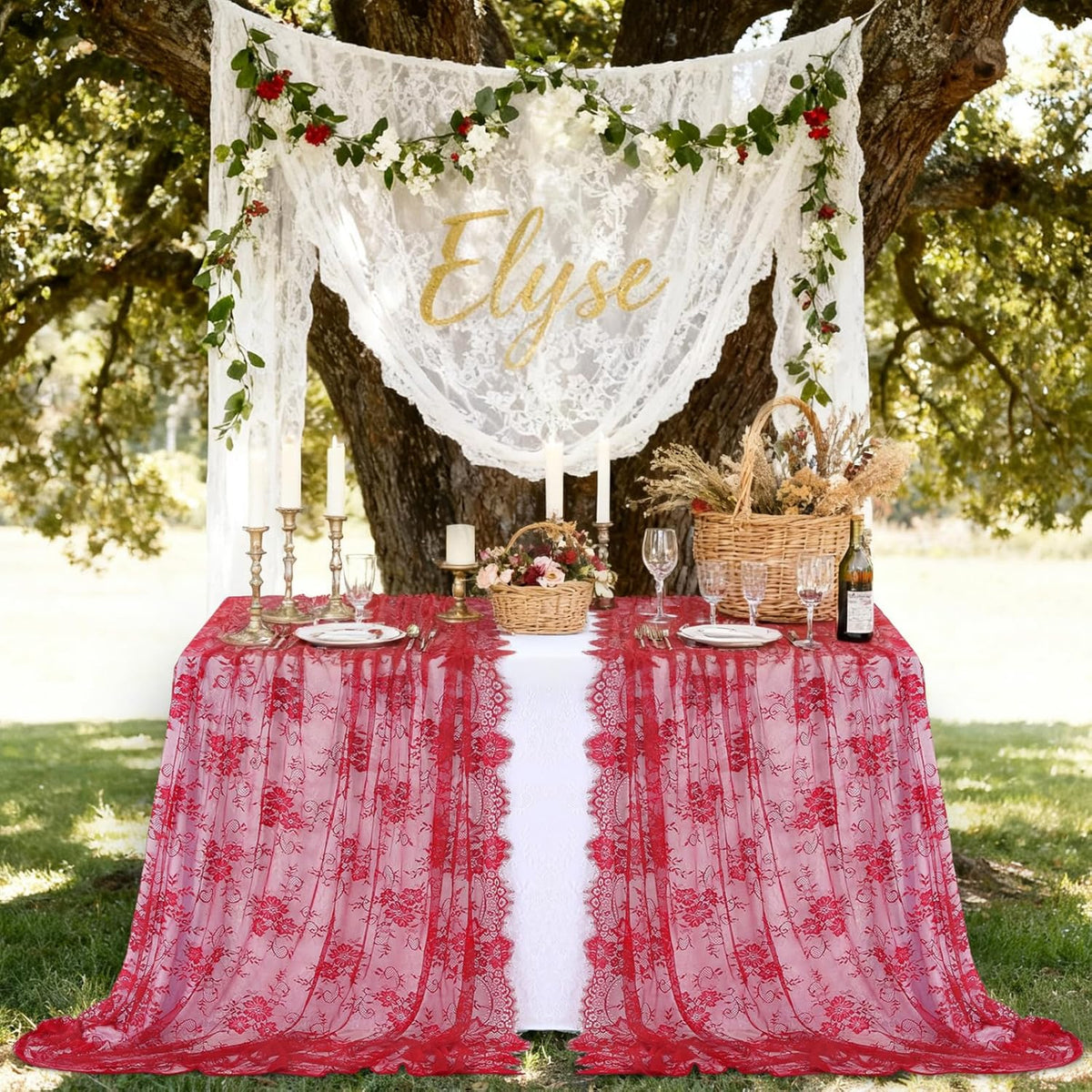 LuoluoHouse Christmas Lace Tablecloth 6pcs Rose Floral Table Fabric 60x120 Inch for Rustic Theme