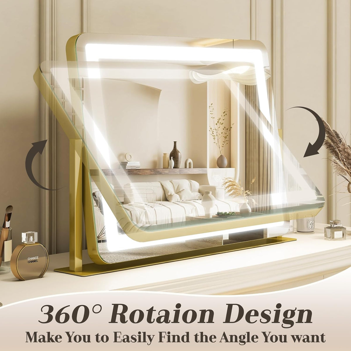 Gold Vanity Mirror with Lights - Smart Touch Dimming, 3-Color Lighting, 360° Rotatable Desktop