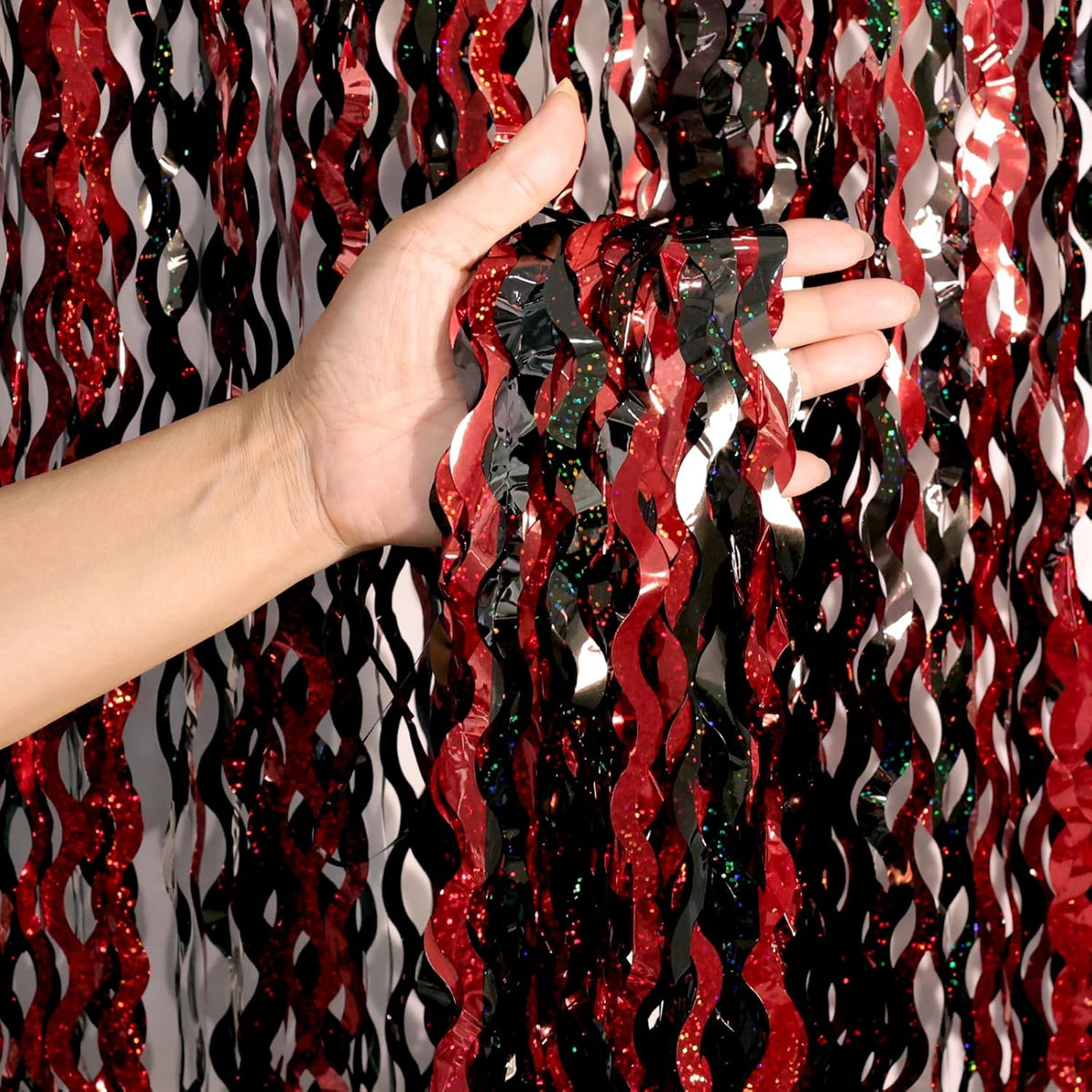 4 Pack 3.3x6.6 ft Red and Black Foil Fringe Backdrop Curtains - Wavy Tinsel Streamers Birthday