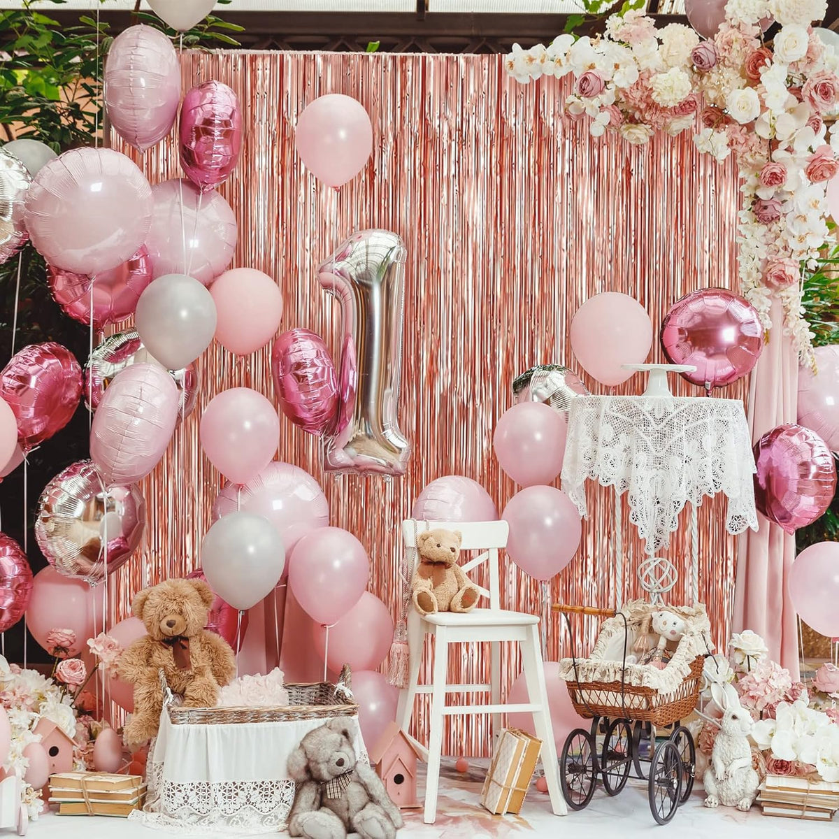 Crosize 2 Pack 3.3 x 9.9 ft Rose Gold Foil Fringe Backdrop Curtain, Streamer Backdrop Curtains