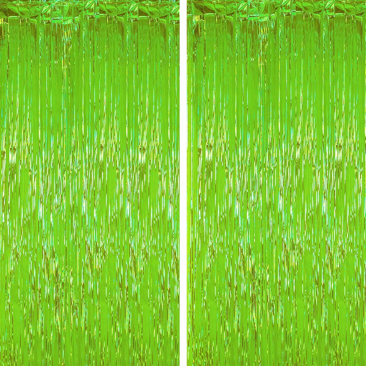 2 Pack Green Iridescent Tinsel Foil Fringe Curtains, Neon Party Decorations, Metallic Tinsel Party