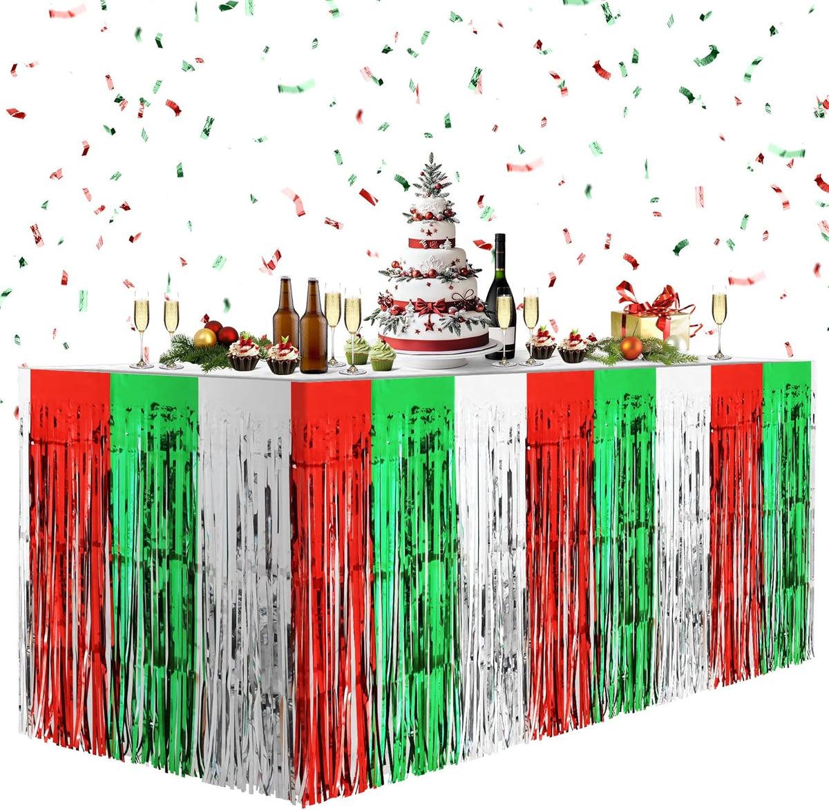 2 Pack Christmas Table Skirts, 29x108" Red & Silver & Green Metallic Foil Tinsel Fringe Table