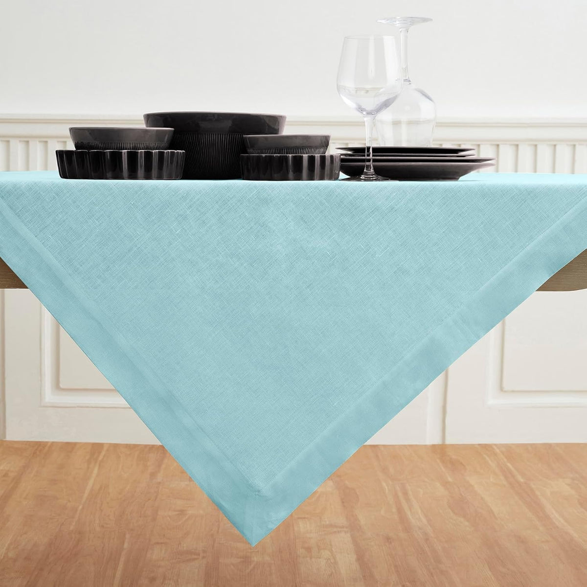 Solino Home Aqua Blue Linen Tablecloth 52 x 52 Inch - 100% Pure Linen Square Table Throw - Fete