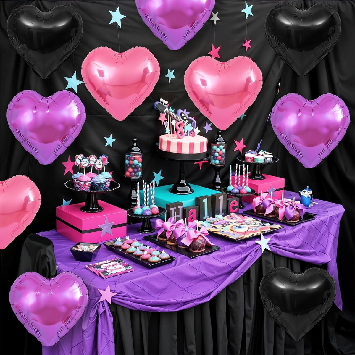 Pink Purple Heart Balloons,12Pcs Black Pink Heart Shaped Foil Balloons,18Inch Purple Pink Helium