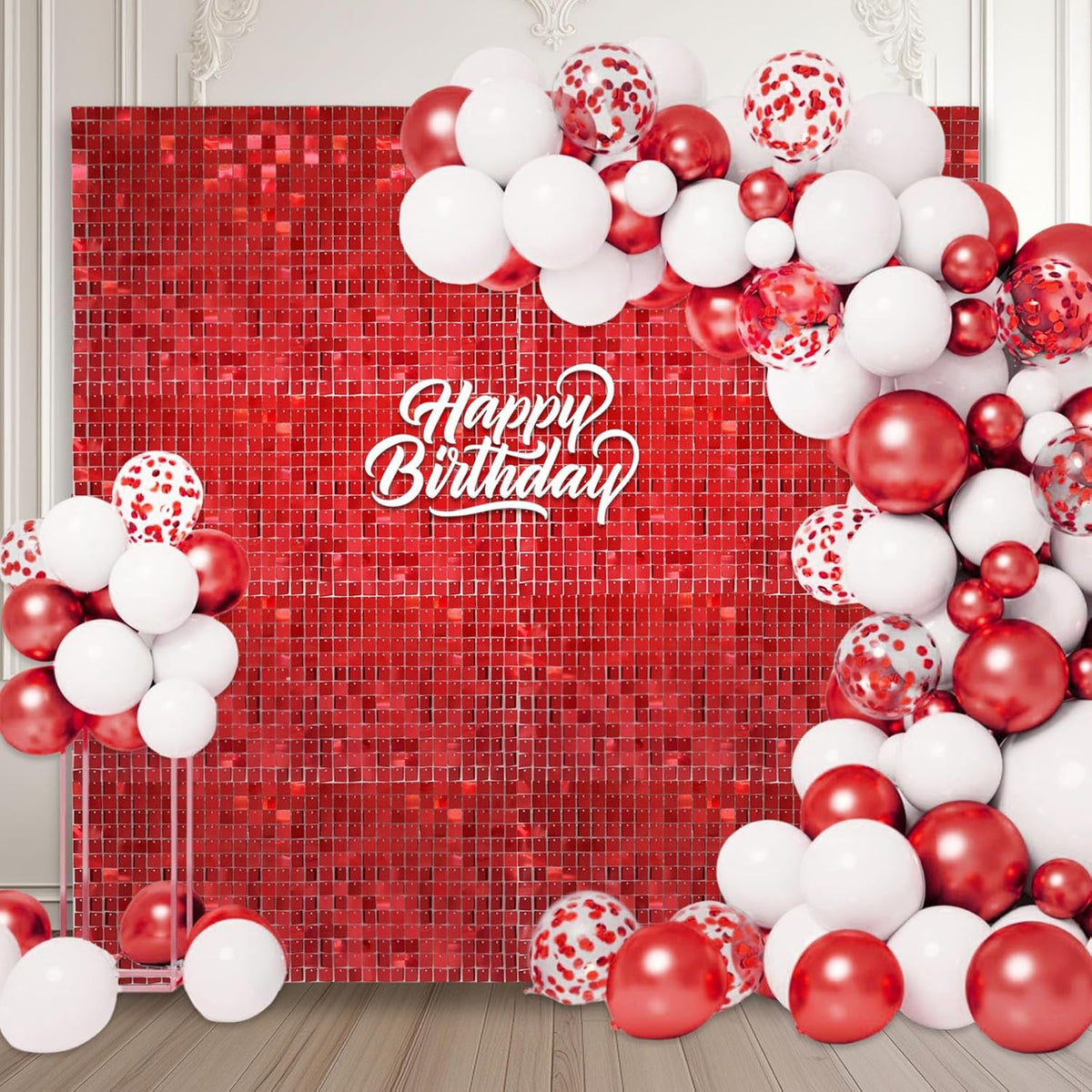 12PCS Red Shimmer Wall Backdrop, Square Sequin Photo Backdrops Panel, Glitter Wall Background for
