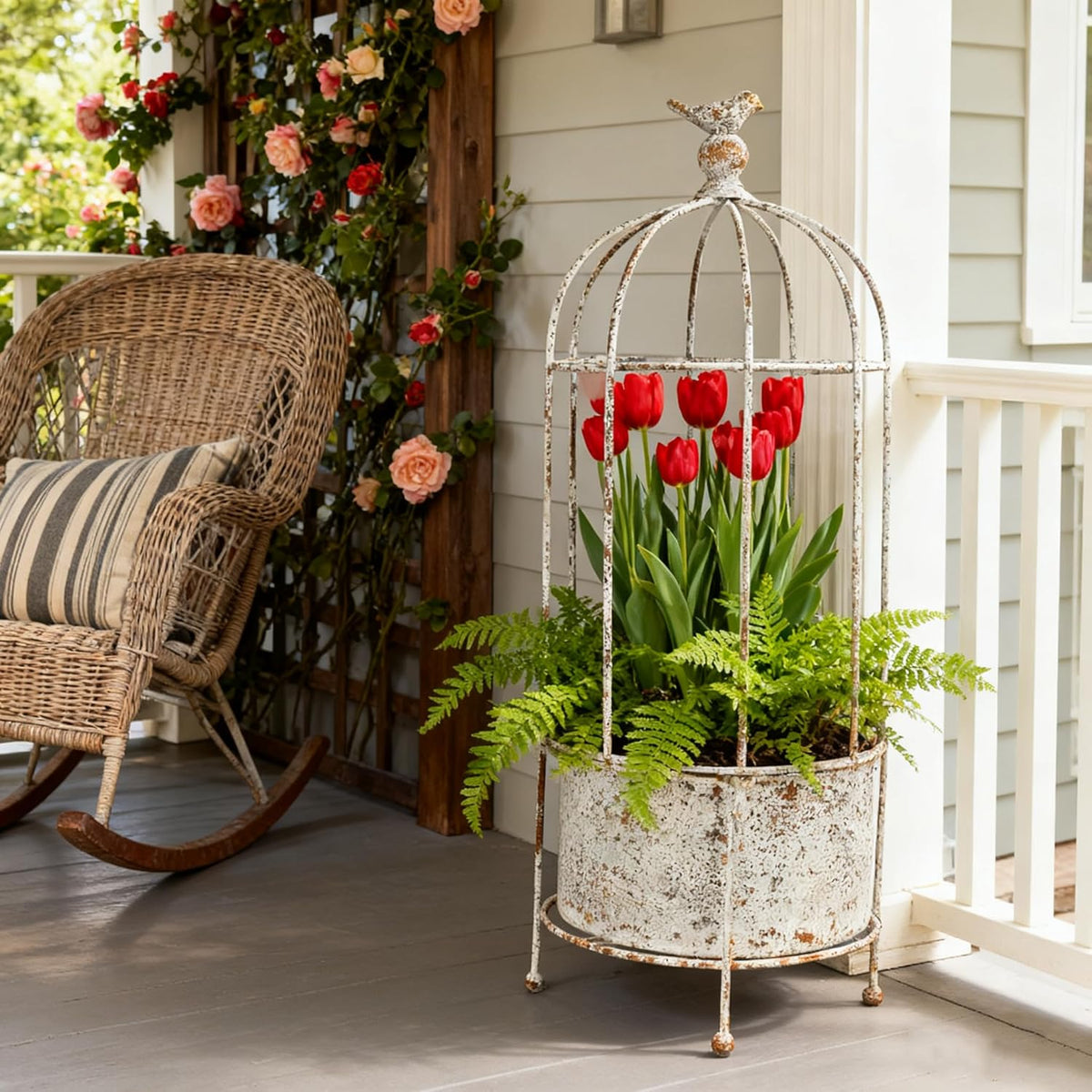 Vintage Rustic Birdcage Planter Stand, Farmhouse Distressed Decorative Metal Round Plants Holder