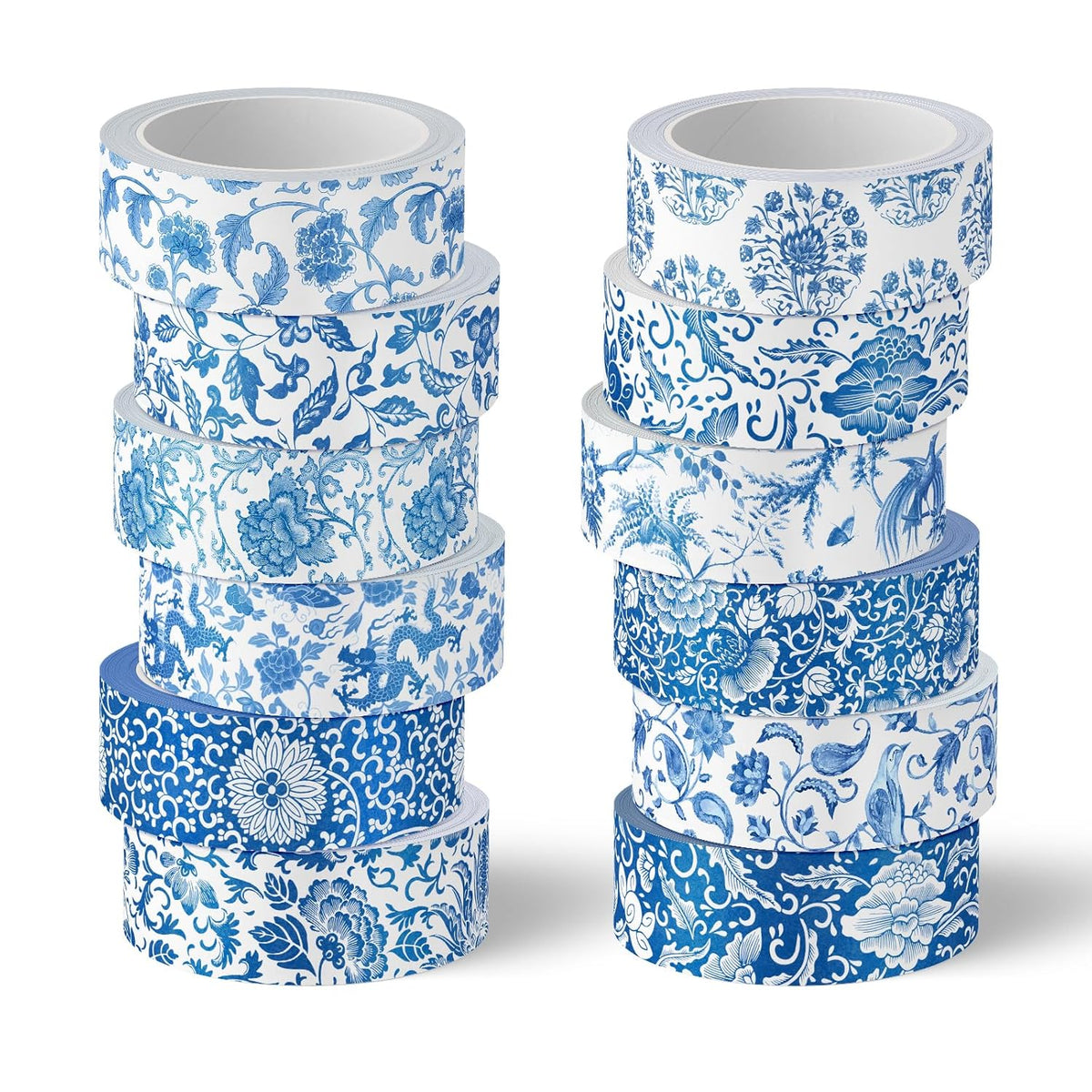 Whaline 12 Rolls Blue Floral Washi Tape Chinoiserie Flower Washi Tape Vintage Masking Decorative