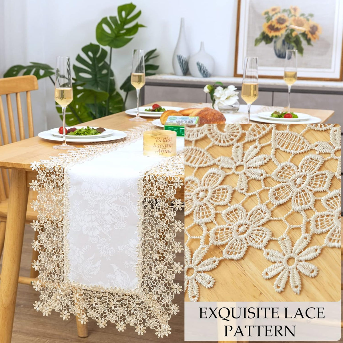 Beige lace Premium Rectangle Farmhouse Table Runner Waterproof OilProof SpillProof AntiShrink Soft