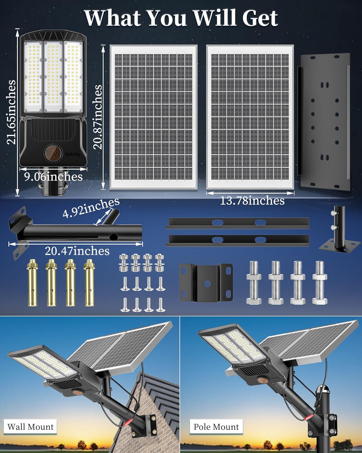 Gefolly SL-10800W Solar Street Light Outdoor 750000LM Wide Angle Commercial Parking Lot Lights Dusk
