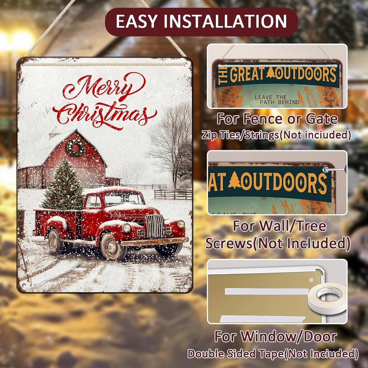 Vintage Christmas Red Truck Tin Sign Merry Christmas Truck Christmas Tree Metal Tin Sign Winter