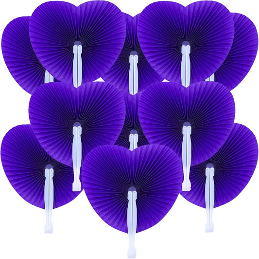 12 Packs Decorative Paper Folding Hand Fans Handheld,Purple Heart Foldable Wedding Fans Chinese and