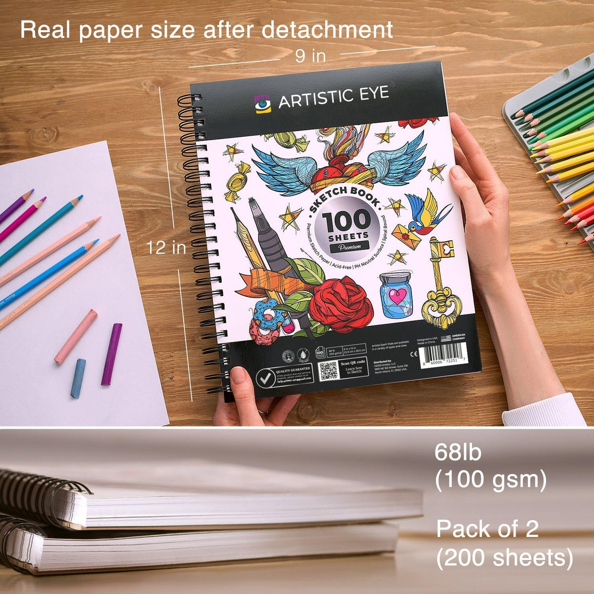 ARTISTIC EYE 9x12 Premium Sketch Book Set, 100 Sheets, Spiral Bound, 68lb (100gsm), Acid-Free