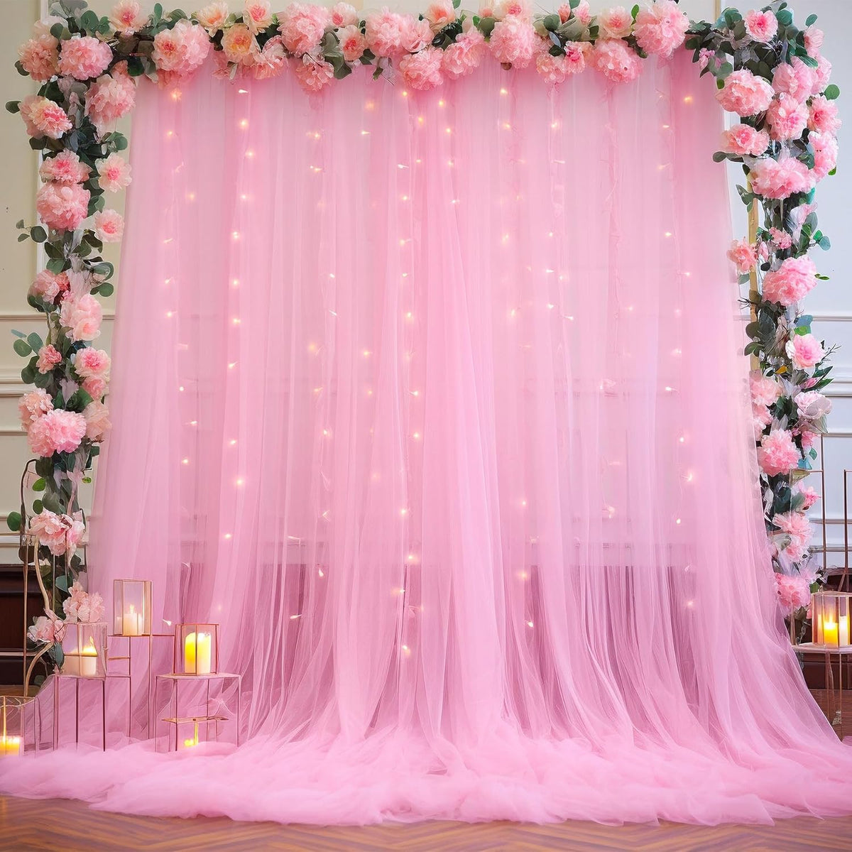 Pink Tulle Backdrop Curtains with Lights String for Parites 10ft×8ft Wrinkle Free Pink Sheer