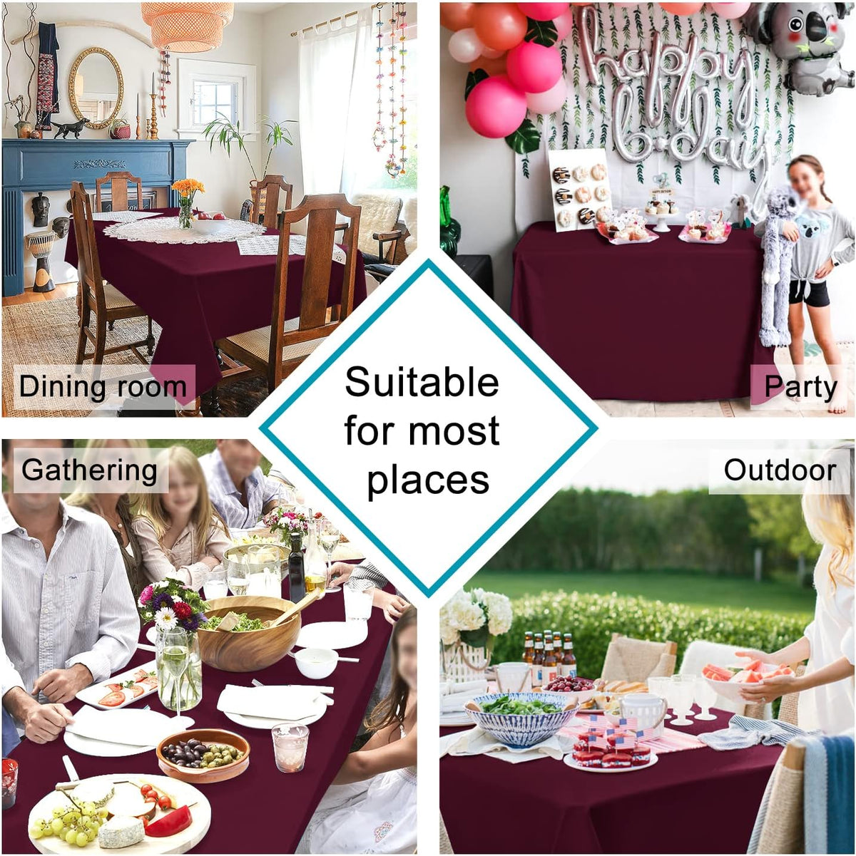 Hiasan Burgundy Rectangle Tablecloth - Waterproof Washable Polyester Fabric Table Cloth for Party