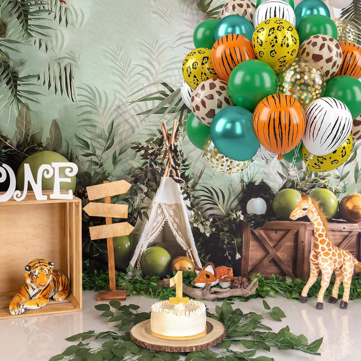 Jungle Safari Balloons, 50 Pcs Animal Print Balloons, 12 Inch Dark Metallic Green Gold Confetti