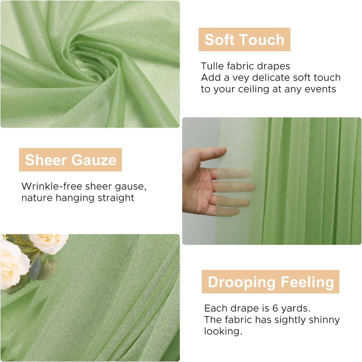 Wokceer Sage Green Wedding Arch Draping Fabric Backdrop 4 Panels 28.7" X 20FT Sheer Drapes Fabric