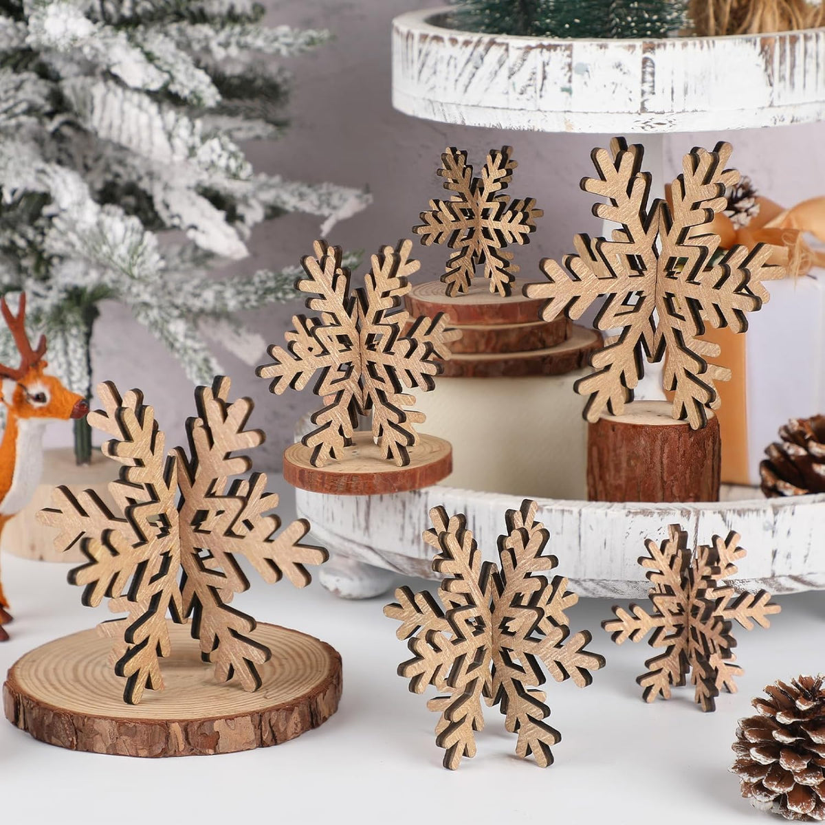 Bucherry 12 Pcs Wooden Snowflake Table Decor 3D Snowflake Tabletop Signs and Centerpiece for