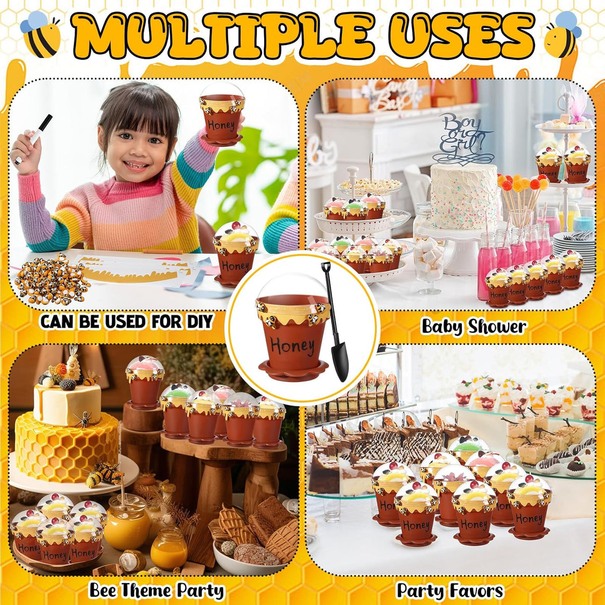 60 Sets Mini Honey Bee Pots with Lids, Spoon, Saucers and Bee Charms, 6.76 OZ Plastic Honey Jars