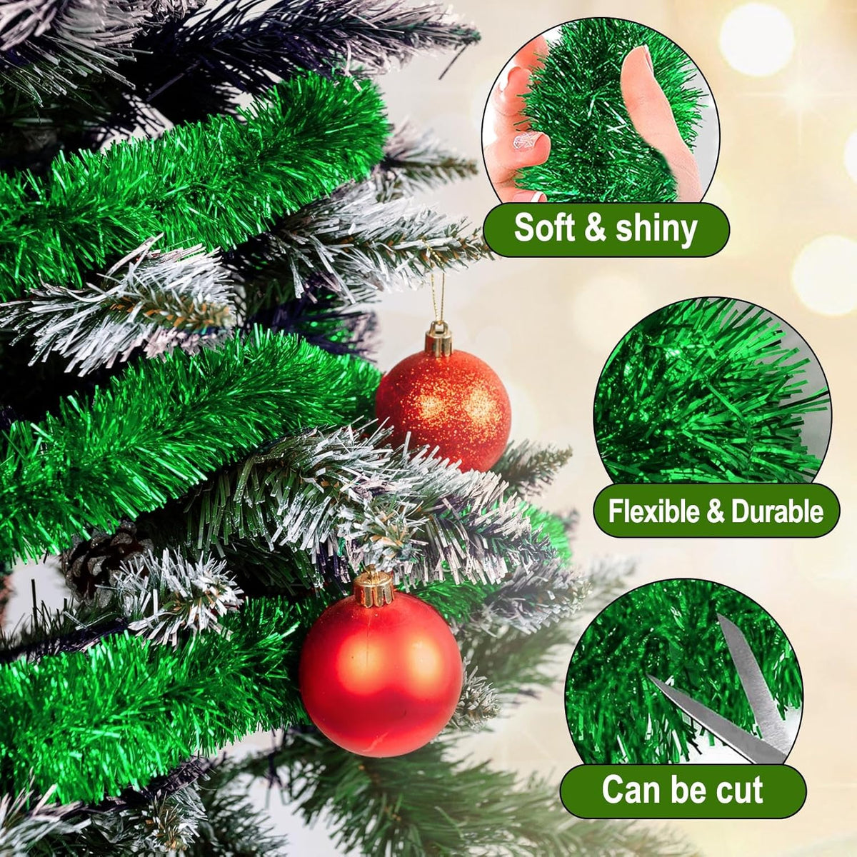 25 Feet Green Christmas Tinsel Garland, Metallic Foil Twist Garland Wall Hanging Tinsel Banner