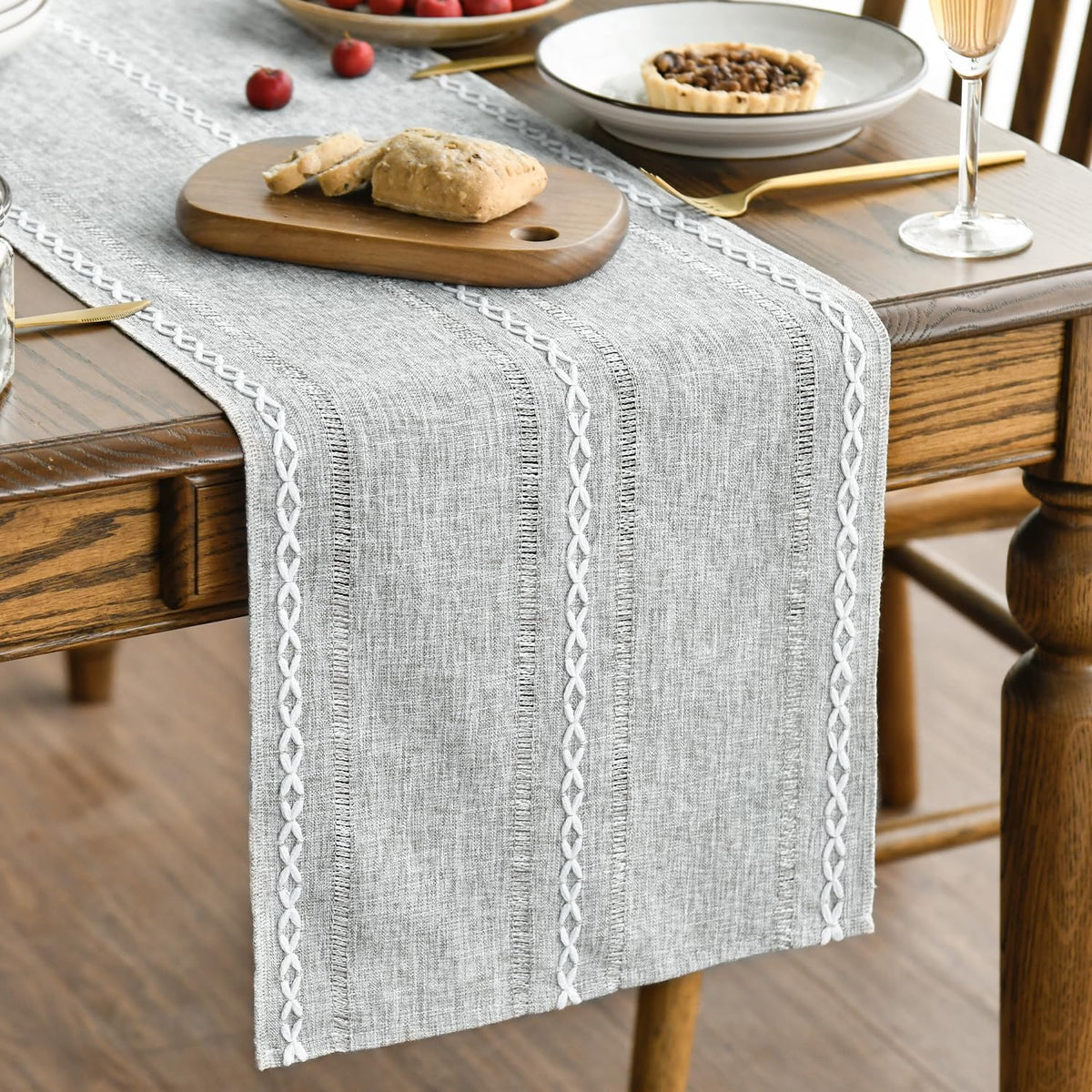 Artoid Mode Grey Rustic Cotton Linen Table Runner, Seasonal Embroidered Hollow Kitchen Dining Table