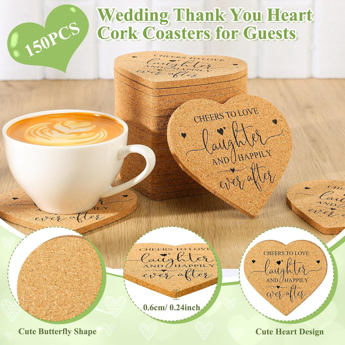 Uiifan 150 Set Wedding Favors for Guest Coaster Gifts Bulk Heart Shaped Coasters Thank You Cards