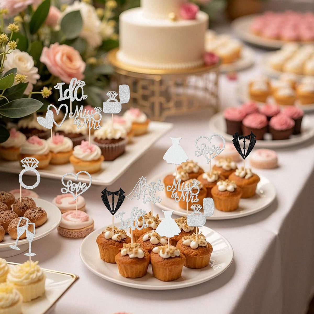 30 PCS Bride to Be Cupcake Toppers Glitter Wedding Cupcake Decorations I Do Love Heart Ring Miss to