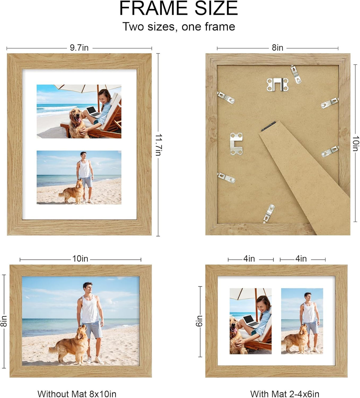 8x10 Picture Frame Set of 2, Natural Oak Wood Frame with Glass Collage Frame, Display Pictures Two