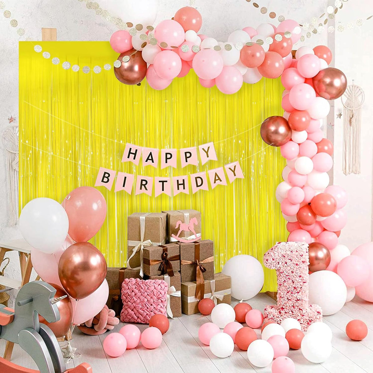 Macaron Yellow Metallic Tinsel Foil Fringe Curtains, 2Pack 3.3x8.3 Feet Streamer Backdrop Curtains