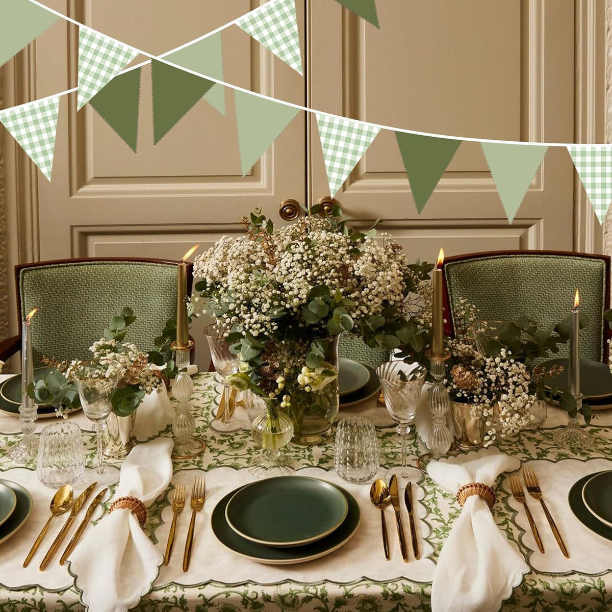 32Ft Sage Green Party Decorations Sage Gingham Banner Olive Green Buffalo Plaid Checkered Triangle
