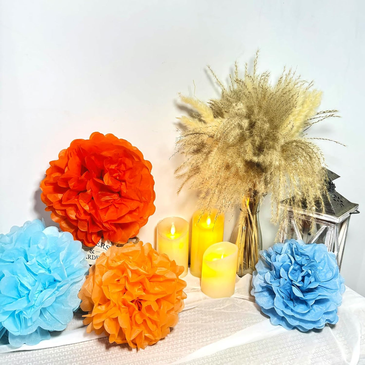 Capesaro Blue and Orange 12PCS Paper Pom Poms Party Decorations for Girl Birthday College