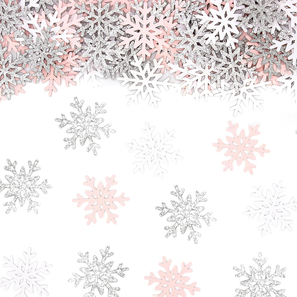 200PC White Pink Silver Snowflake Confetti for Winter Wonderland Decorations Small Snowflakes Table