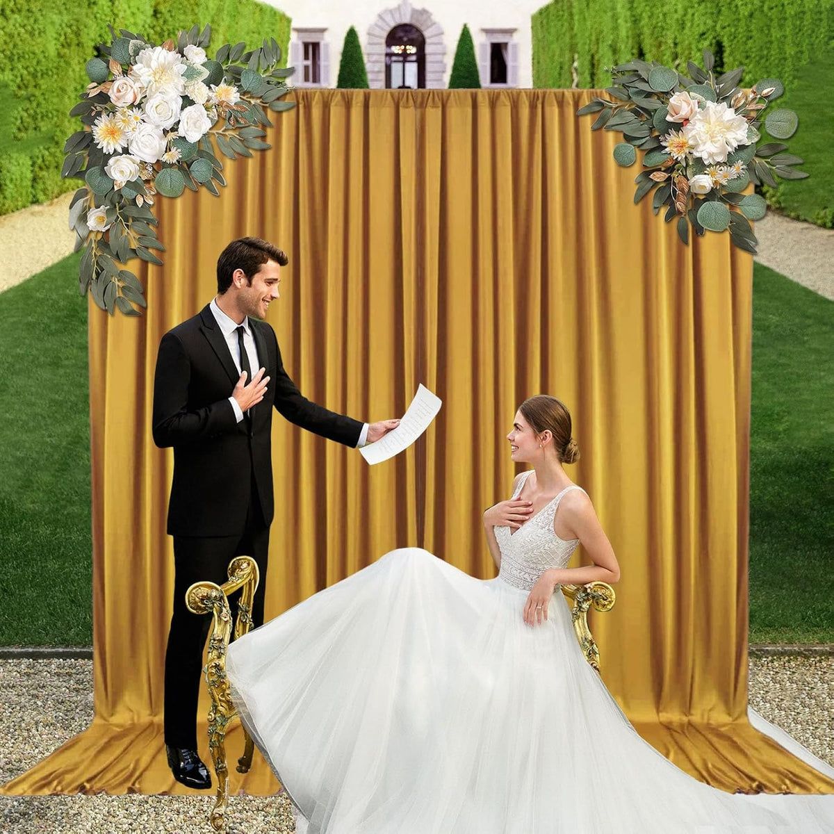 10ft x 10ft Gold Backdrop Curtains for Parties, Fabric Satin Background Curtain with Rod Pockets