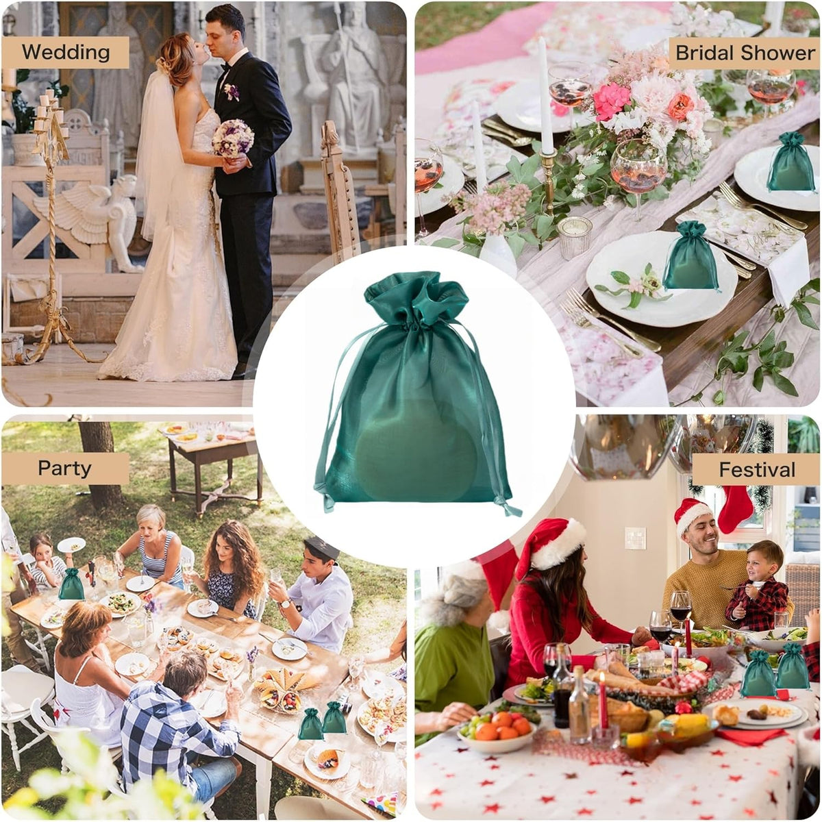 QIANF 20 Pcs Dark Green Small Organza Bags 3X4 inch for Wedding Favors with Drawstring, Mini Mesh