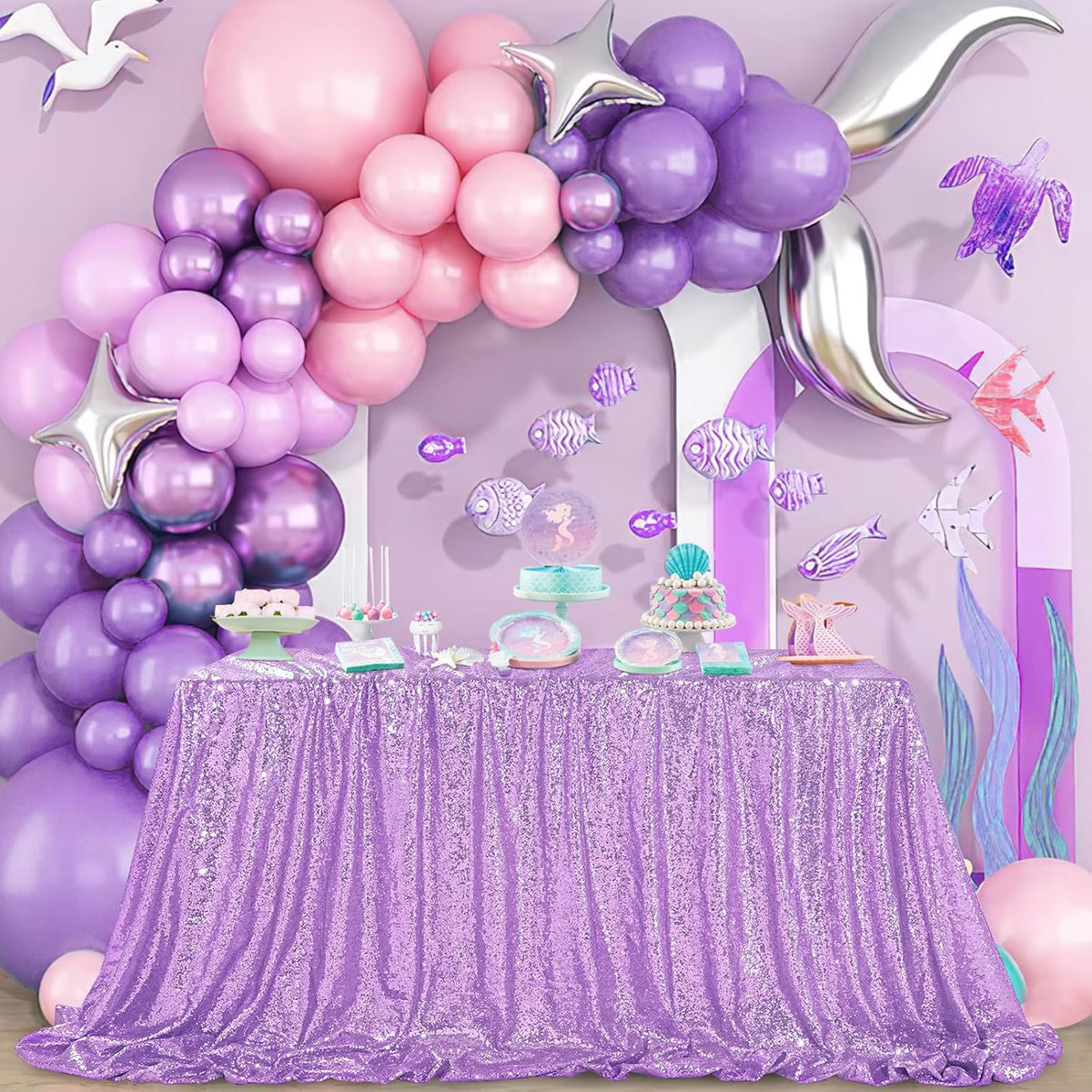 QueenDream Sequin Tablecloth 90"x132" Lavender Party Tablecloth Rectangular Seamless Sequin Table