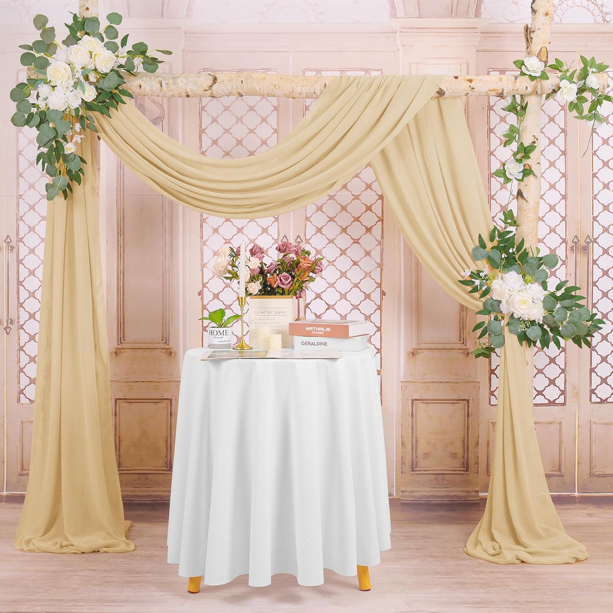 Wedding Arch Draping Fabric, 8 Panels 28" x 20ft Champagne Sheer Chiffon Curtain Drapes for Wedding