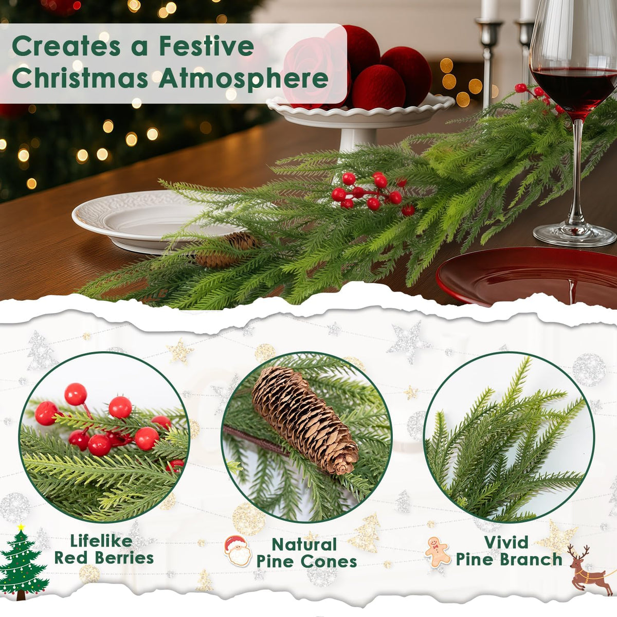 6FT Norfolk Pine Garland Christmas Artificial Greenery with Red Berries Cones, Pine Tree Decor for
