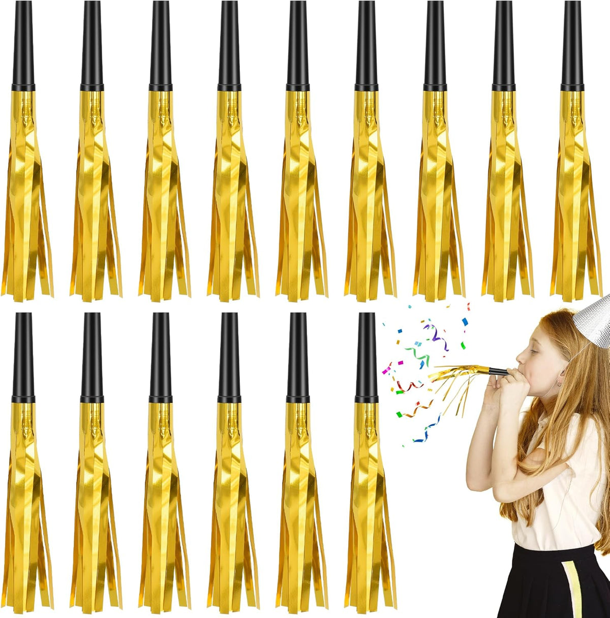 24 Pcs Glitter Noise Makers Metallic Fringed Party Blower for Adults Birthday Graduation New Years